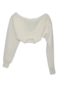 Cream cotton-blend fully-fashioned cropped bustier and convertible shrug rib knit twin set
