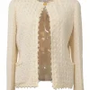 Cream cotton-blend gingham check bouclé tweed single breasted collarless cardigan jacket with Coco Mark resin shank button