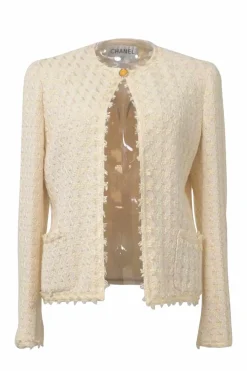 Cream cotton-blend gingham check bouclé tweed single breasted collarless cardigan jacket with Coco Mark resin shank button