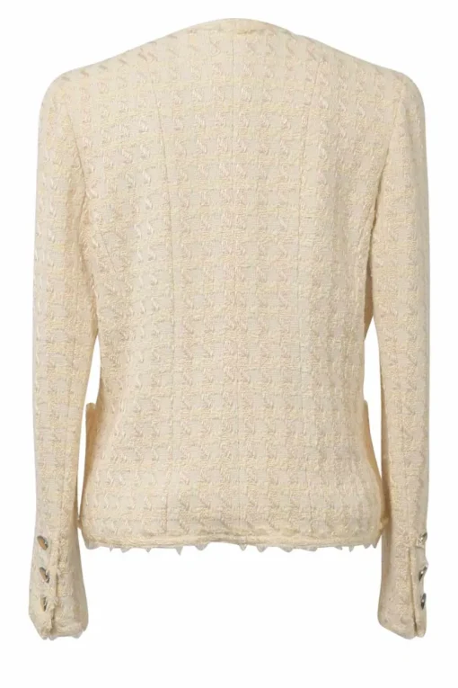 Cream cotton-blend gingham check bouclé tweed single breasted collarless cardigan jacket with Coco Mark resin shank button