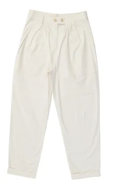 Cream cotton-blend high-rise tapered leg balloon leg trousers with extended tab button waist
