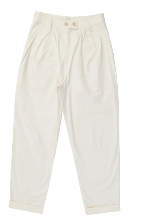 Cream cotton-blend high-rise tapered leg balloon leg trousers with extended tab button waist