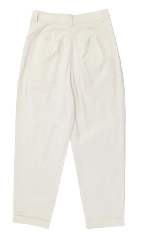 Cream cotton-blend high-rise tapered leg balloon leg trousers with extended tab button waist