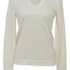 Cream cotton-silk interlock jersey knit V-neck long sleeve pullover top featuring pointelle H motif
