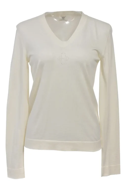 Cream cotton-silk interlock jersey knit V-neck long sleeve pullover top featuring pointelle H motif