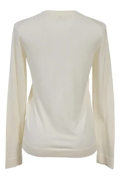 Cream cotton-silk interlock jersey knit V-neck long sleeve pullover top featuring pointelle H motif