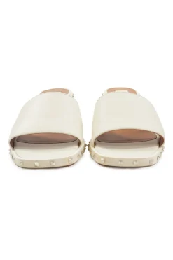 Cream embellished leather Rockstud block heel slide sandals