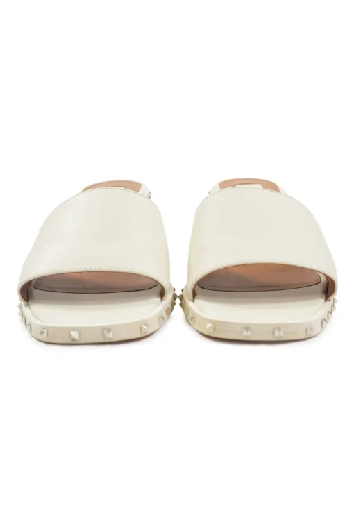 Cream embellished leather Rockstud block heel slide sandals