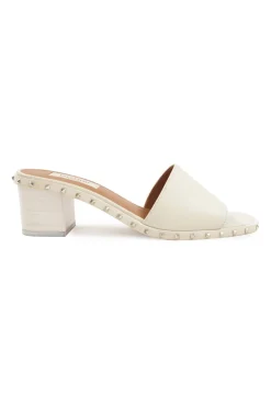 Cream embellished leather Rockstud block heel slide sandals