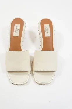 Cream embellished leather Rockstud block heel slide sandals