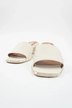 Cream embellished leather Rockstud block heel slide sandals