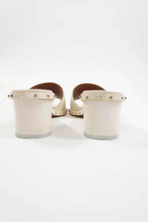 Cream embellished leather Rockstud block heel slide sandals