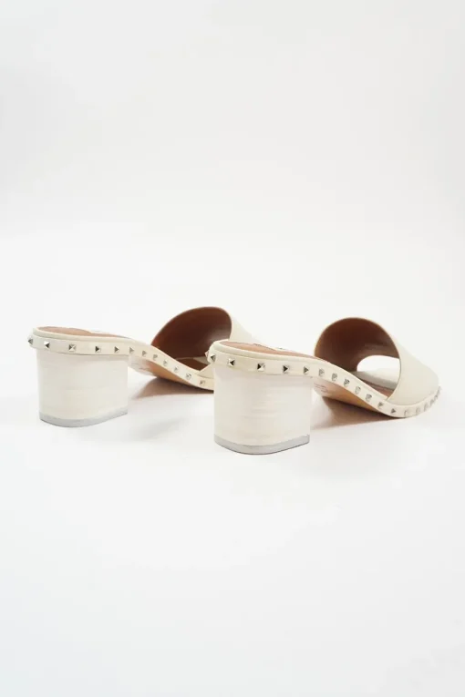 Cream embellished leather Rockstud block heel slide sandals