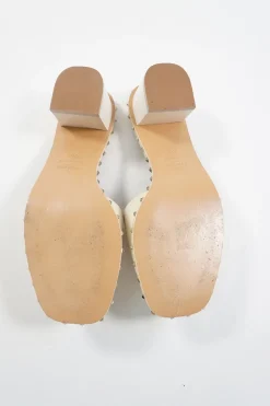 Cream embellished leather Rockstud block heel slide sandals