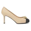 Cream leather and grosgrain round-toe camellia platform pumps with contrasting toe caps
