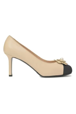 Cream leather and grosgrain round-toe camellia platform pumps with contrasting toe caps