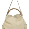 Cream leather Peggy Bamboo hobo bag with detachable shoulder strap