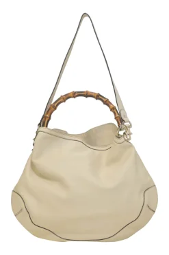 Cream leather Peggy Bamboo hobo bag with detachable shoulder strap