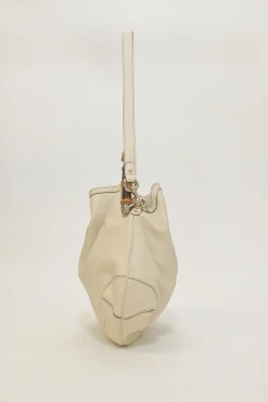 Cream leather Peggy Bamboo hobo bag with detachable shoulder strap
