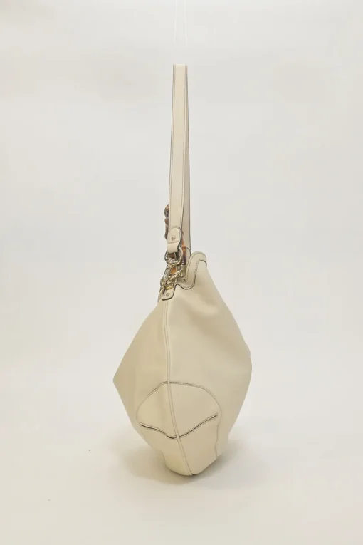 Cream leather Peggy Bamboo hobo bag with detachable shoulder strap