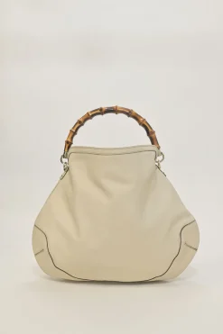 Cream leather Peggy Bamboo hobo bag with detachable shoulder strap