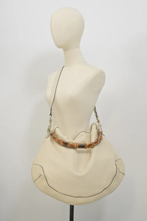 Cream leather Peggy Bamboo hobo bag with detachable shoulder strap