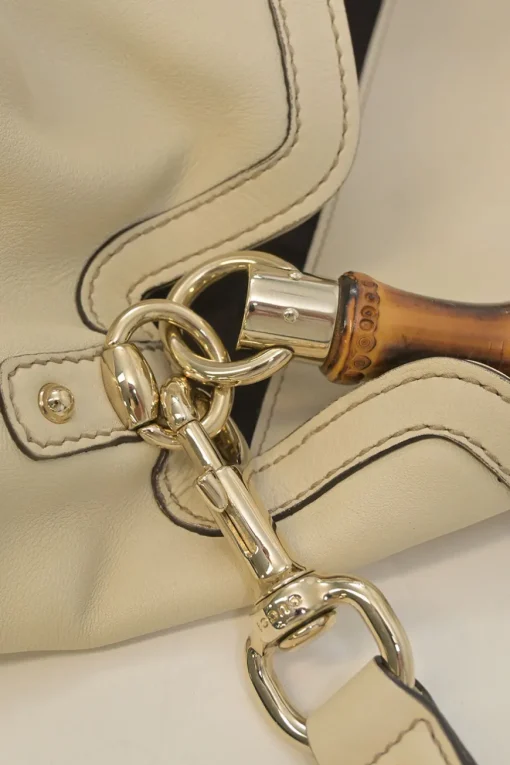 Cream leather Peggy Bamboo hobo bag with detachable shoulder strap