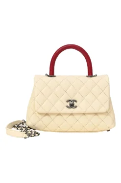 Cream matelassé caviar leather Coco Handle bag with ruthenium finish hardware and contrasting lizard skin trim appliqué