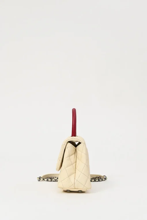 Cream matelassé caviar leather Coco Handle bag with ruthenium finish hardware and contrasting lizard skin trim appliqué