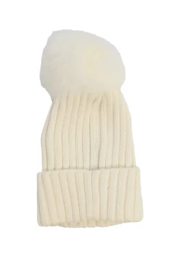Cream merino wool circular rib beanie with faux fur pom pom
