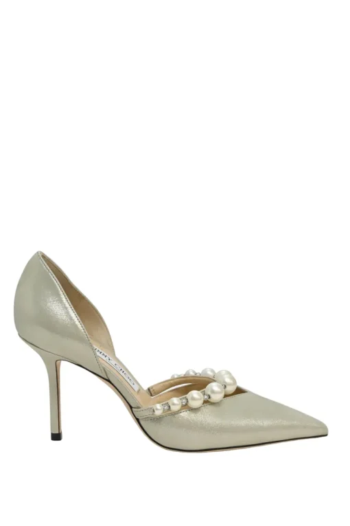 Cream metallic suede and faux pearl embellished pointed-toe Aurelie 85 D'Orsay pumps
