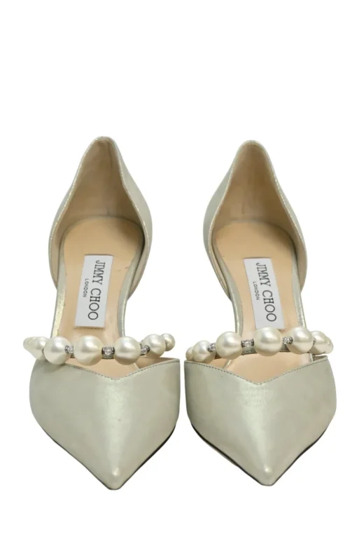 Cream metallic suede and faux pearl embellished pointed-toe Aurelie 85 D'Orsay pumps