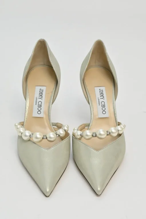 Cream metallic suede and faux pearl embellished pointed-toe Aurelie 85 D'Orsay pumps