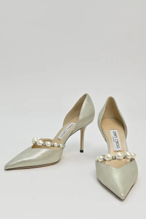 Cream metallic suede and faux pearl embellished pointed-toe Aurelie 85 D'Orsay pumps