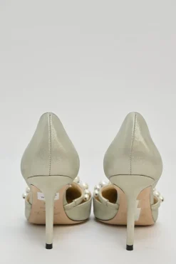 Cream metallic suede and faux pearl embellished pointed-toe Aurelie 85 D'Orsay pumps