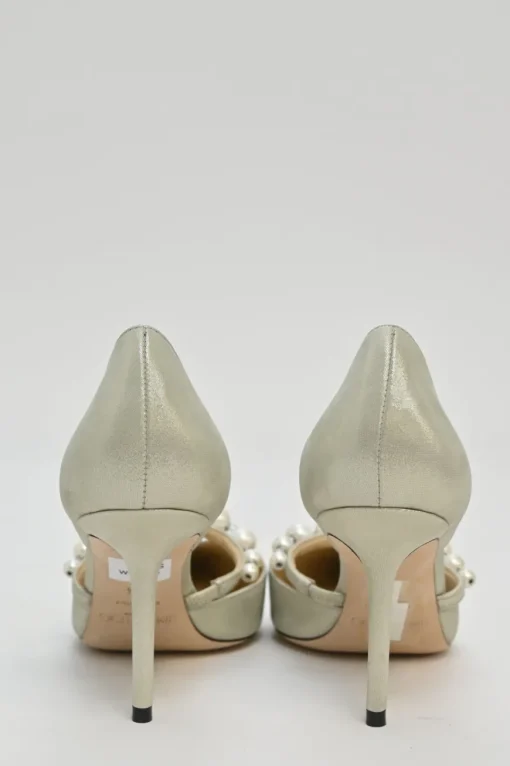 Cream metallic suede and faux pearl embellished pointed-toe Aurelie 85 D'Orsay pumps