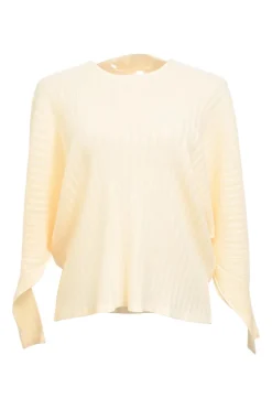 Cream plissé polyester crewneck long sleeve top with hood