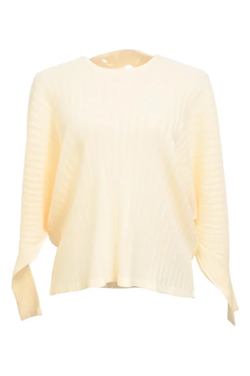 Cream plissé polyester crewneck long sleeve top with hood
