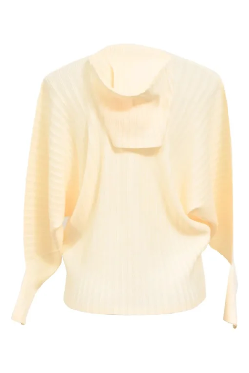 Cream plissé polyester crewneck long sleeve top with hood