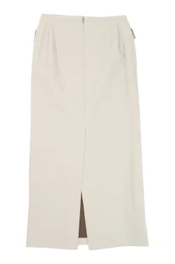 Cream polyamide-blend pull-on high-rise cargo slit-back pencil skirt