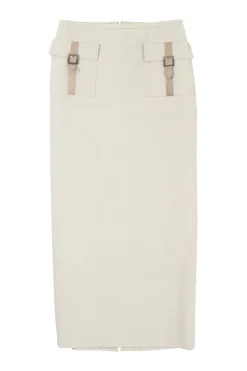 Cream polyamide-blend pull-on high-rise cargo slit-back pencil skirt