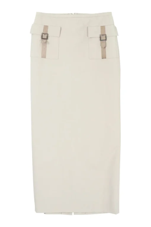 Cream polyamide-blend pull-on high-rise cargo slit-back pencil skirt
