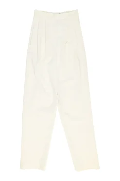 Cream polyester-wool blend pull-on high-rise pleat tailored trousers with tapered leg