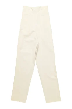 Cream polyester-wool blend pull-on high-rise pleat tailored trousers with tapered leg
