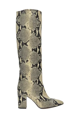 Cream python-embossed leather pointed-toe block heel pull-on knee-high Anja boots