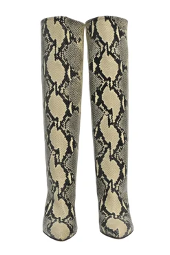 Cream python-embossed leather pointed-toe block heel pull-on knee-high Anja boots