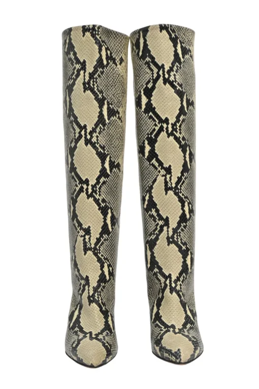 Cream python-embossed leather pointed-toe block heel pull-on knee-high Anja boots