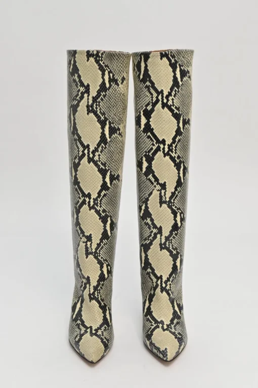 Cream python-embossed leather pointed-toe block heel pull-on knee-high Anja boots