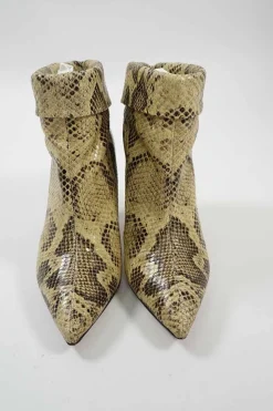 Cream python-embossed leather pointed-toe Lisbo cone heel slouchy foldover ankle boots