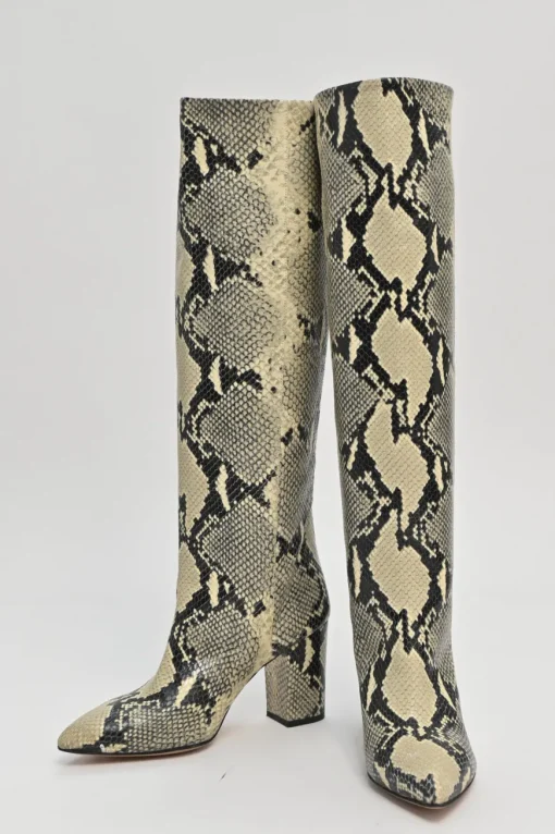 Cream python-embossed leather pointed-toe block heel pull-on knee-high Anja boots